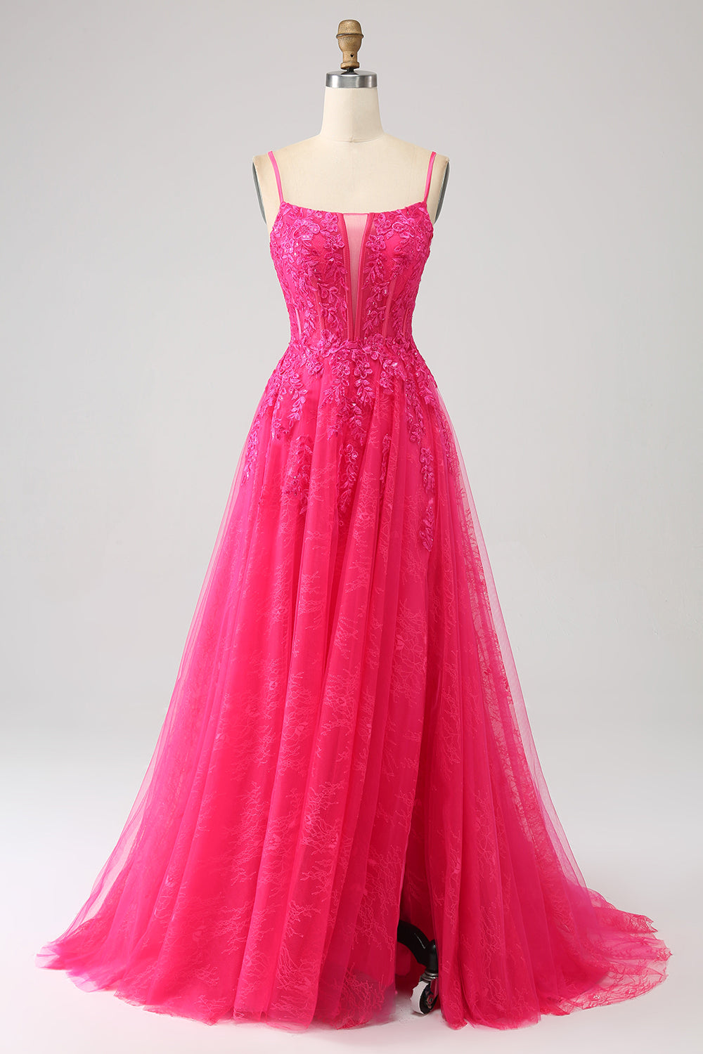 Fuchsia A-Line Corset Lace Long Prom Dress com Fenda