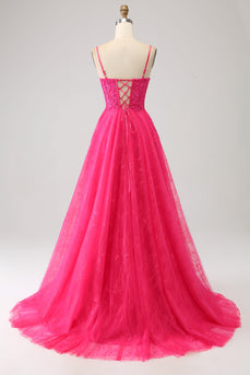 Fuchsia A-Line Corset Lace Long Prom Dress com Fenda