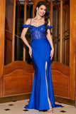 Sereia da moda fora do ombro Royal Blue Corset Prom Dress com apliques