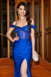 Sereia da moda fora do ombro Royal Blue Corset Prom Dress com apliques