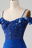 Missanga Royal Blue Corset Prom Dress com Fenda