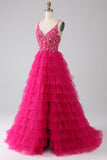 Fuchsia Princess A-Line Esparguete Correias Vestido de Baile de Lantejoulas Tiered Long Prom com Fenda
