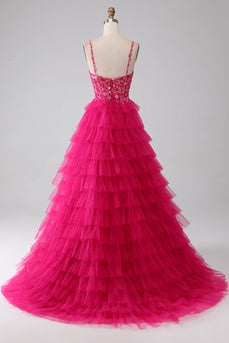 Fuchsia Princess A-Line Esparguete Correias Vestido de Baile de Lantejoulas Tiered Long Prom com Fenda