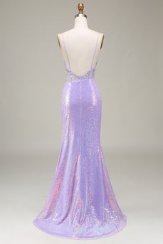 Brilhante Sereia LighT Purple Corset Prom Dress com Fenda