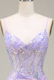 Brilhante Sereia LighT Purple Corset Prom Dress com Fenda