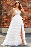 Branco A-Line Sparkly Sequin Ruffle Saia Corset Tiered Prom Dress With Slit