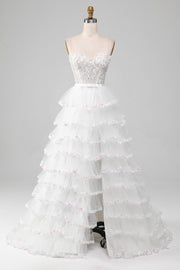 Branco A-Line Sparkly Sequin Ruffle Saia Corset Prom Dress Com Fenda