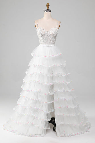 Branco A-Line Sparkly Sequin Ruffle Saia Corset Prom Dress Com Fenda