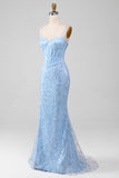 Sereia azul claro brilhante lantejoulas longo espartilho vestido de baile