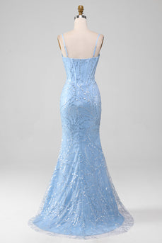 Sereia azul claro brilhante lantejoulas longo espartilho vestido de baile