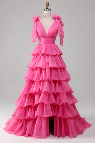 Princesa A-Line V-Neck Fuchsia Prom Vestido Com Fenda
