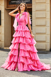 Princesa A-Line V-Neck Fuchsia vestido de baile de formatura com fenda