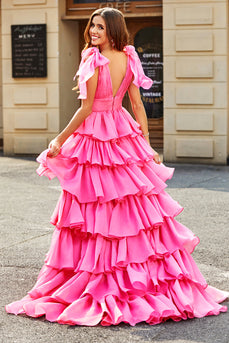 Princesa A-Line V-Neck Fuchsia vestido de baile de formatura com fenda