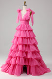 Princesa A-Line V-Neck Fuchsia Prom Vestido Com Fenda