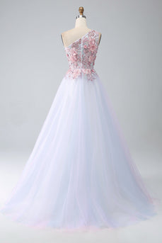 A-Line One Shoulder Pink Prom Dress com Apliques