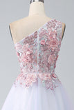 A-Line One Shoulder Pink Prom Dress com Apliques