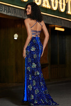 Brilhantes Sereia Esparguete Correias Royal Blue Sequins Long Prom Dress com Criss Cross Back