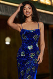 Royal Blue Sereia Espaghetti Straps Sequins Long Prom Dress com Acessório
