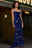Brilhantes Sereia Esparguete Correias Royal Blue Sequins Long Prom Dress com Criss Cross Back