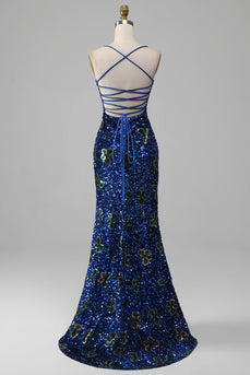 Royal Blue Sereia Esparguete Correias Sequins Prom Dress Com Fenda