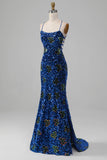 Royal Blue Sereia Esparguete Correias Sequins Prom Dress Com Fenda
