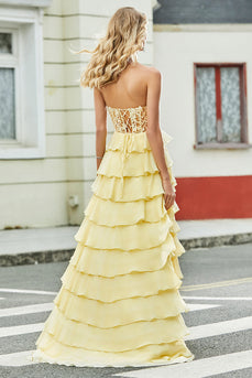 Lindo A Line Sweetheart Yellow Corset Prom Dress com Appliques Ruffles