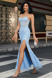 Sereia Elegante Querida Espartilho Azul Claro Vestido de Baile de Formatura com Apliques