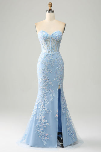 Sereia azul clara querido espartilho apliques vestido de baile com fenda lateral