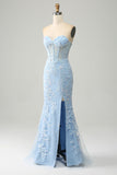 Sereia azul clara querido espartilho apliques vestido de baile com fenda lateral