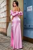 Sereia elegante fora do ombro rosa vestido longo baile de formatura com silte
