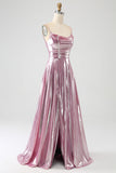 Deslumbrante uma linha de alças espaguete rosa longo vestido de baile com frente dividida