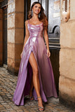 Sparkly A Line Spaghetti Straps Rosa Long Prom Dress com Split Front
