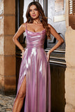 Sparkly A Line Spaghetti Straps Rosa Long Prom Dress com Split Front