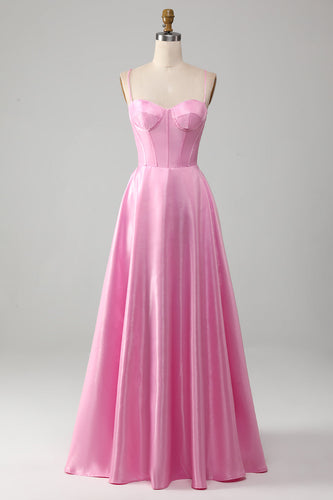 A-Line Espaghetti Correias Rosa Vestido de Baile com Espartilho