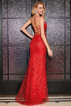 Brilhantes Sereias Esparguete Correias Red Sequins Long Prom Dress com Criss Cross Back