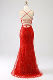 Glitter Sereia Vermelha Sereia Long Sequins Prom Dress com Fenda