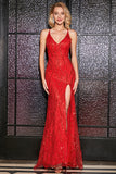 Brilhantes Sereias Esparguete Correias Red Sequins Long Prom Dress com Criss Cross Back