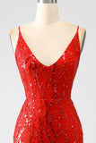 Glitter Sereia Vermelha Sereia Long Sequins Prom Dress com Fenda