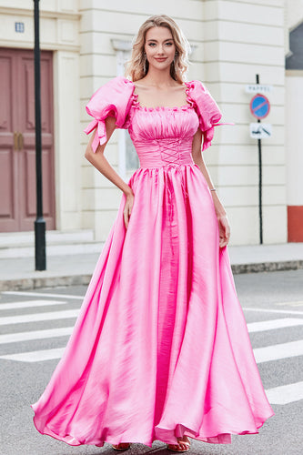 Princesa Uma Linha Pescoço Quadrado Hot Pink Long Prom Dress com mangas Puff