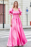 Princesa Uma Linha Pescoço Quadrado Hot Pink Long Prom Dress com mangas Puff