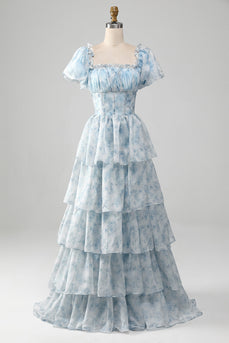 Tule azul claro vestido de baile de formatura com espartilho