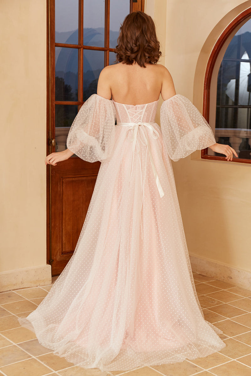 Carregar imagem no visualizador da galeria, Vestido de noiva de Polka Dots cor-de-rosa com mangas puff
