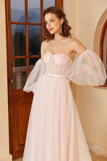 Vestido de noiva de Polka Dots cor-de-rosa com mangas puff