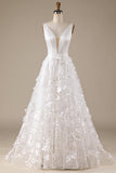 Marfim A-Line V-Neck vestido de noiva com flores 3D
