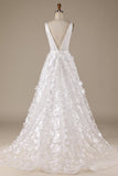 Marfim A-Line V-Neck vestido de noiva com flores 3D
