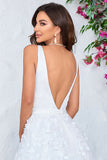 Lindo A Line V-Neck Marfim Vestido de Noiva Longo com Flores 3D