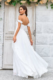 Elegante A Line Fora do Ombro Marfim Vestido de Noiva