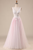 Rosa A-Line Tule Vestido de Noiva Com Apliques