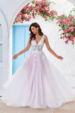 Charmoso A Line V-Neck Rosa Tulle Varredura Trem Vestido de Noiva com Apliques