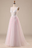 Rosa A-Line Tule Vestido de Noiva Com Apliques